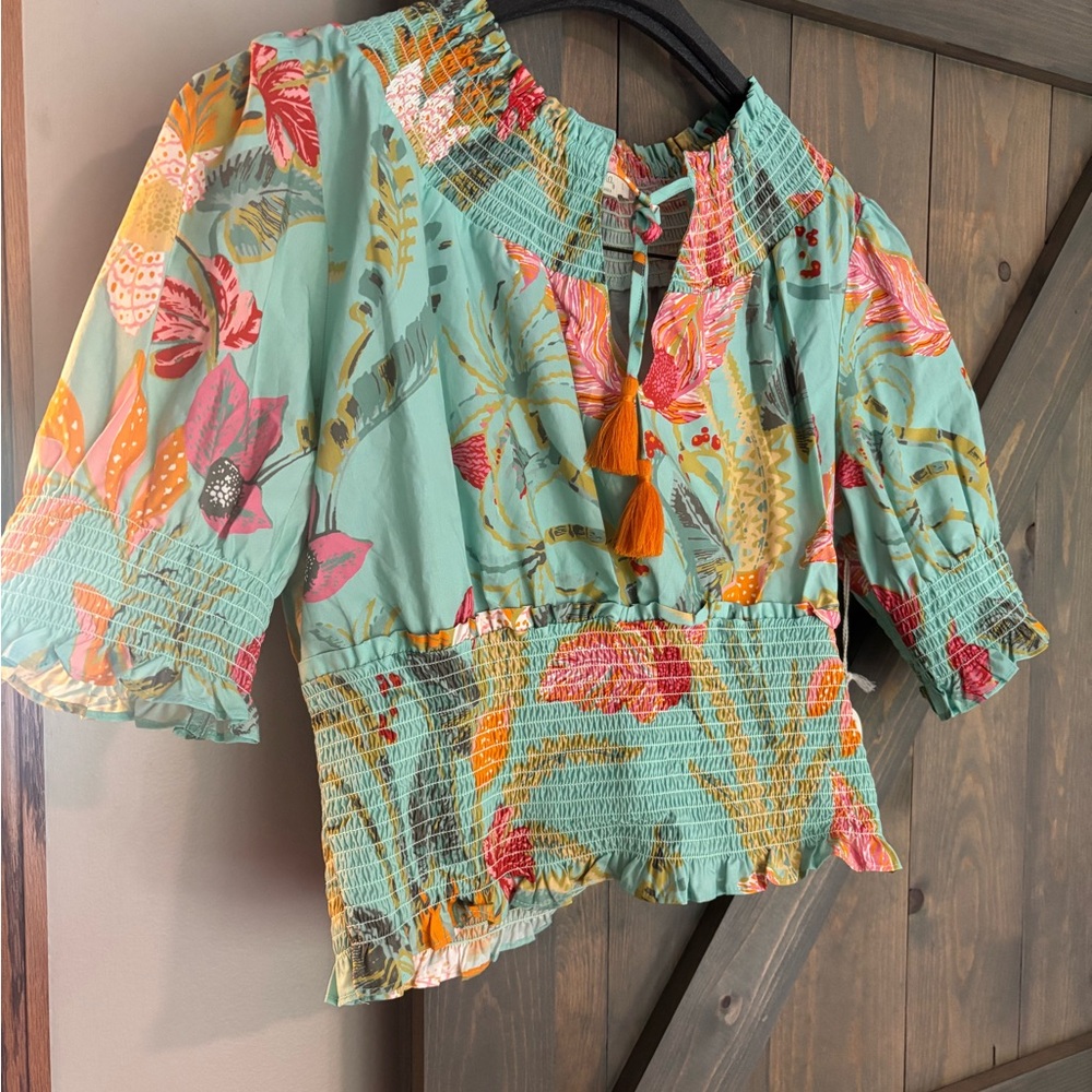 NWT Spartina 449 Green and Orange Puff Sleeve Blouse